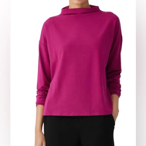 Eileen Fisher Hot Pink Magenta Funnel Neck Long Sleeve Shirt Boxy Top $138 LARGE - Picture 1 of 9